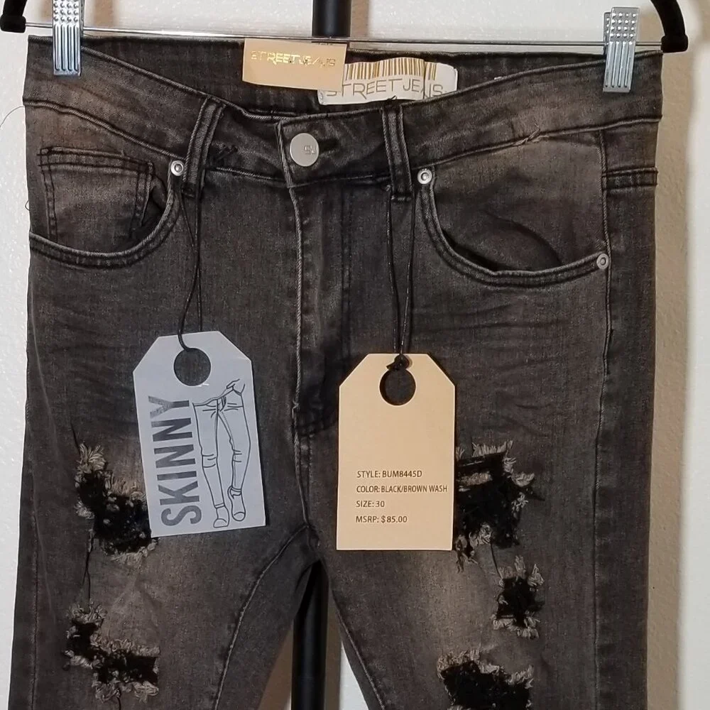 STREET JEANS Mens 30X32 Distressed Skinny Fit Black/Brown Wash Retro Street NWT